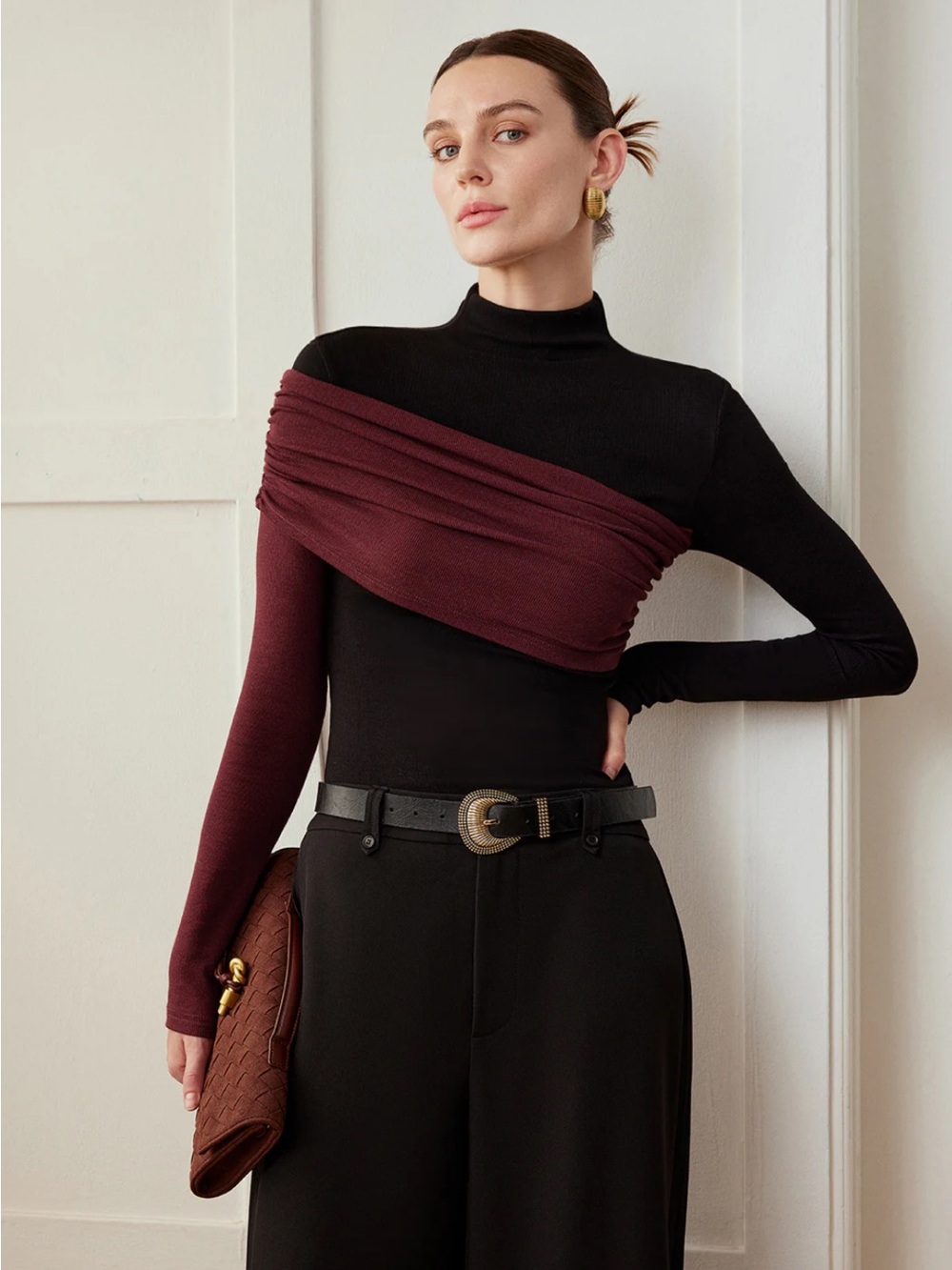 Commense Color Block Pleated Jersey Slim Top Size XS NWT - Picture 3 of 8